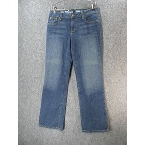 DKNY Pants Women 10 Short Blue Denim Stretch Soho Jeans Straight Leg Faded Logo